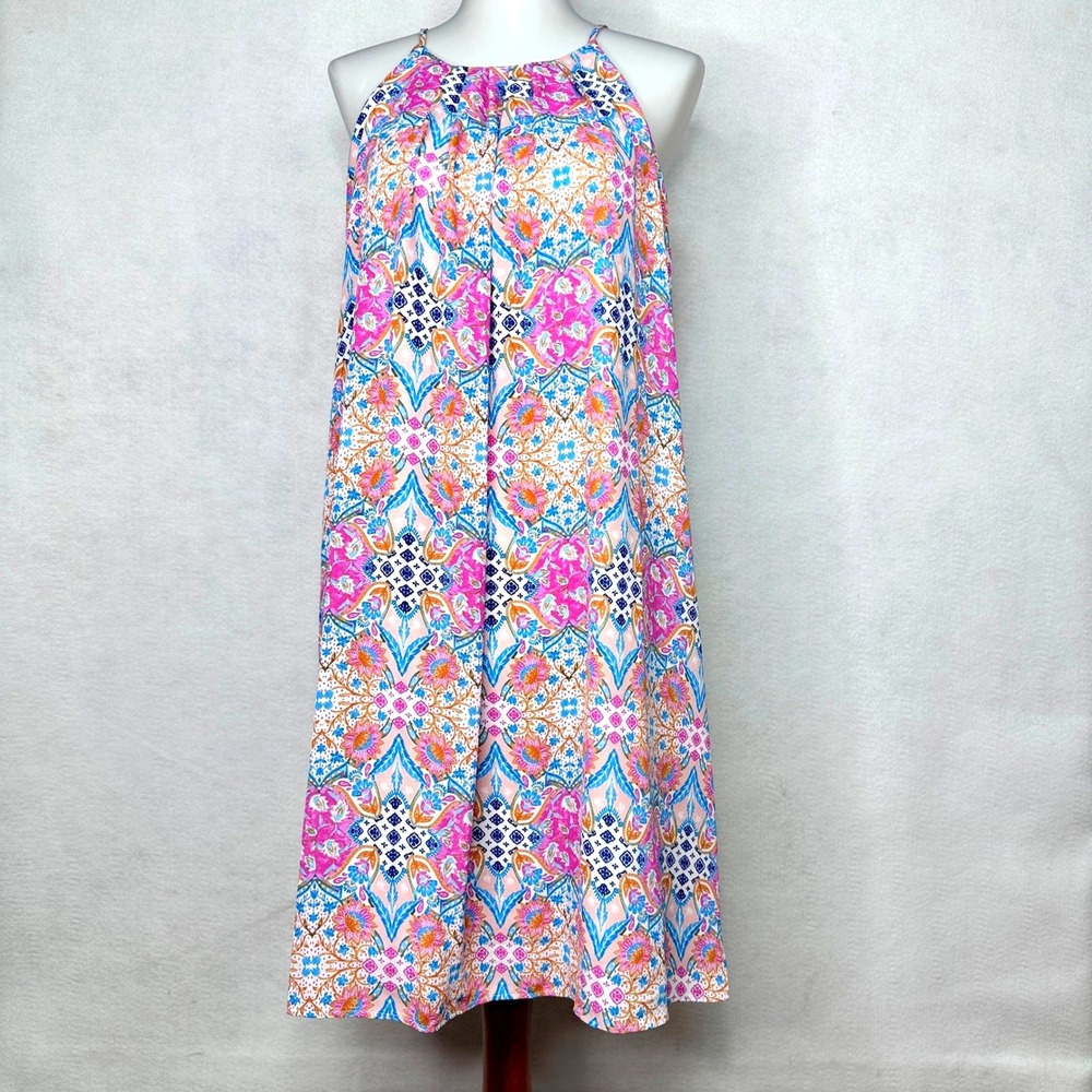 Pink Rose Vintage Halter‎ Dress Womens Medium Pink Blue Paisley Boho Excellent